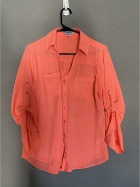 Express The Portofino Button Up Shirt Medium Blue Womens Anchor Career Roll Tab